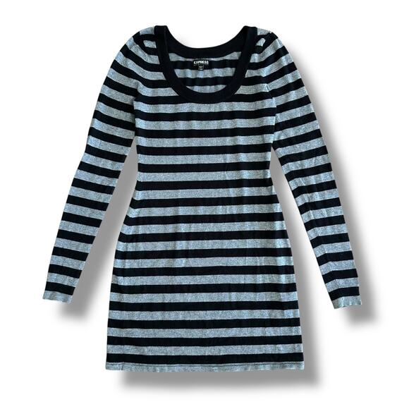 Express Striped Sweater Dress XS Black Gray Long Sleeve Y2K Bodycon Mini - Picture 2 of 9